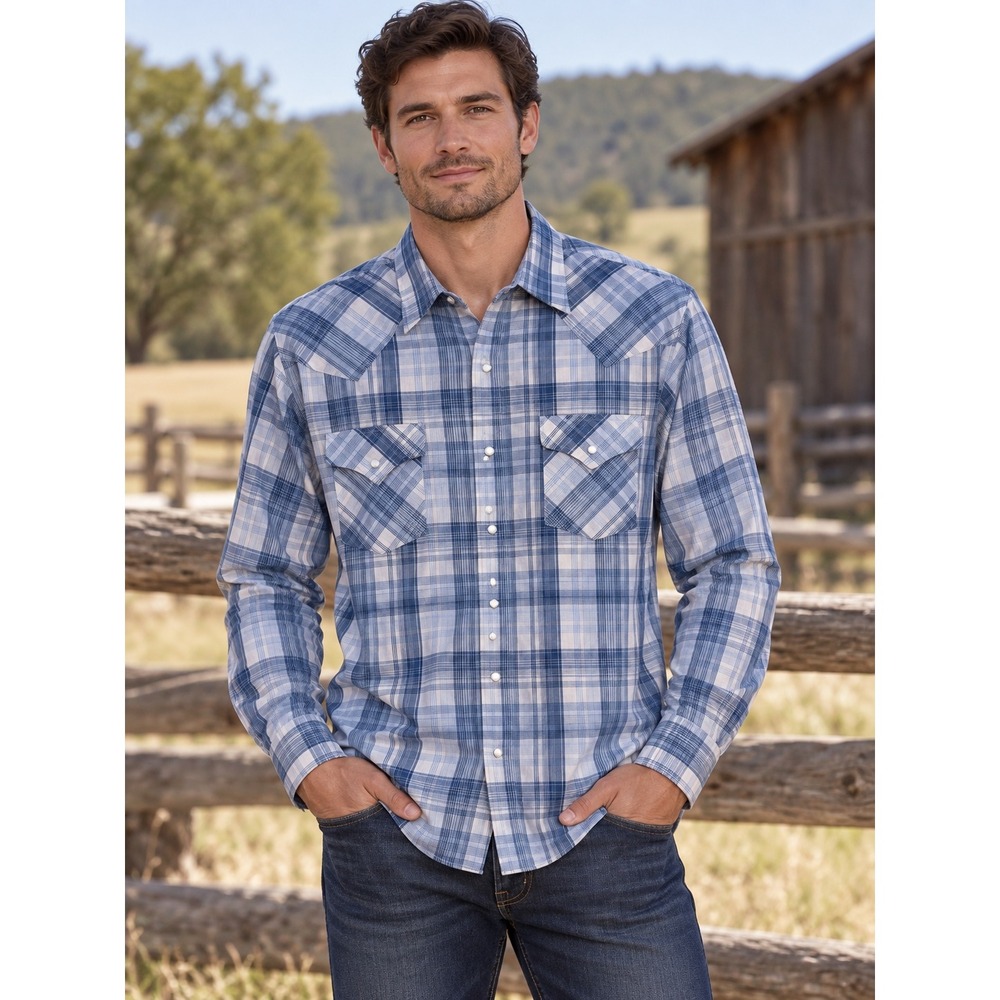 Ely Cattleman Mens Blue Plaid Pearl Snap Western Long Sleeve Shirt Size M